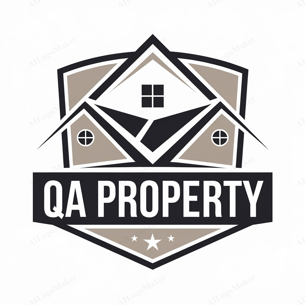A logo for QA Property features a stylized house in the center of a shield.